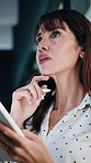 Thinking, business and woman on tablet with stylus for finance review, proposal and research. Financial advisor, office and person on digital tech for planning, budget report and investment strategy