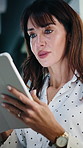 Tablet, reading and businesswoman in office with research for property listings on housing market. Digital technology, professional and female real estate agent with online contract in workplace.