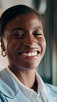 Face, business woman and happy in office for asset protection, finance experience or about us. Black person, financial advisor and laugh at workplace for investment management, expert guide or pride