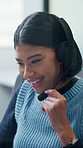Call center, laughing and woman with headset for customer support, friendly communication or contact. Web consultant, agent or person with funny chat for help desk, tech solution or online service