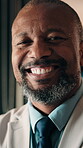 Business, black man and happy with face in office for capital raising, underwriter career and pride. Investment banker, mature person and laugh at work for expert advisory, IPO management or about us