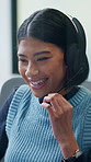 Call center, headset and happy woman with tech support, communication or customer care. Web consultant, agent or friendly person with conversation and smile for help desk, solution or online service