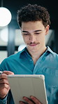 Businessman, walk and writing in office with tablet, compliance audit and risk management for agency. Person, auditor notes or inspection in workplace with tech, report or stylus for online checklist
