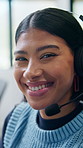 Call center, agent and face of happy woman in office for online consulting, contact us and help. Crm, headset and portrait of person with smile for customer support, virtual assistance and advice