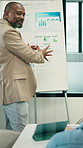 Whiteboard, presentation and man with graph in meeting for market analysis, profit growth or budget. Business, talking and person with infographic, chart and financial report for sales in workshop