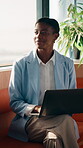 Laptop, cafe and black woman with thinking for inspiration, ideas or copywriting project. Copywriter, freelancer and person in restaurant with remote work, typing newsletter or creative task