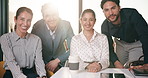 Realtor, face or team in office with smile, career pride or ambition in property management. Flare, people or real estate staff in agency with confidence, about us or collaboration in housing market.
