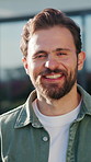 Face, man and real estate with pride in backyard for outdoor break, relax or property investment. Portrait, male person or realtor with smile for fresh start, relocation or security in home building
