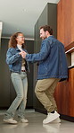 Dad, dancing and girl with smile in kitchen with love, bonding and care for connection in house. Happy people, father and daughter with rhythm, holding hands or excited with laugh at family home