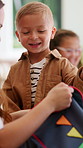 Mother, child and help in house with backpack, getting ready or pack pencil for preschool education. Woman, son and assistance in home with bag, morning routine or stationery for learning development