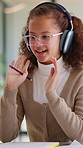 Girl, student and wave with headphones for virtual classroom, video call or online lesson in home. Child, kid or talking with glasses or goodbye for education, elearning or communication in house