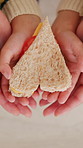 Above, food or hands of people in kitchen for sandwich, snack or healthy brunch meal prep. Heart shape, nutrition and family with bread, tomatoes or balance for diet, gut health or breakfast in home