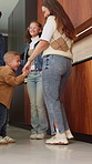 Happy, mom or kids in house with dancing, feeling beat or family fun for childhood development. Connection, parent or siblings with rhythm, bonding together or child growth in healthy relationship.