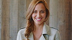 Marketing, happy or woman on wall background with face, pride or experience in creative agency. Smile, space or brand director with confidence, ambition or career growth in campaign management.