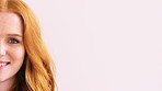 Half, face and happy woman with studio space for hair salon, beauty and spa with color treatment. Smile, confident and female person with cosmetology, aesthetics and wellness on pink background