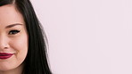 Space, makeup and face of woman in studio for cosmetics, advertisement and beauty promotion. Cosmetology, salon and portrait of half person with red lipstick, mascara and makeover on white background