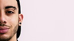 Space, happy and face of man in studio for confidence, positivity and college advertising. Mockup, piercing and half portrait of person for university news, education and student on white background 