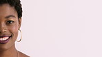 Space, jewelry and face of black woman in studio for cosmetics, advertisement and promotion. Designer, boutique and half portrait of person with accessories for small business on white background