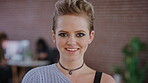 Creative, face and woman with smile in office, design internship or confident for career development. Graphic designer, portrait and happy person with pride, trainee and work experience in Canada
