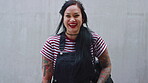 Education, face and laughing with Asian woman outdoor with space for learning or university study. College, funny and school with Asian person on concrete background for knowledge or opportunity