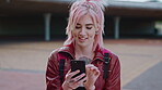 Laughing, university student or woman outdoor with phone, reading school newsletter or funny message. Internet humor, happy and person with mobile on campus, web chat notification and joke in forum