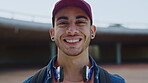 Outdoor, face and man with confidence for education, university student and learning opportunity. Portrait, happy and scholar with academic development for scholarship, campus and study for knowledge