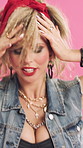 Woman, dance and face in studio with vintage fashion, confidence and blow kiss on pink background. Girl, happy and dancer with makeup, retro style and rhythm in portrait, flirt and clothes in USA