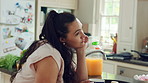 Thinking, dance and woman in kitchen with music to improve mood, positive vibes and happiness. Reflection, sad and person with favorite song for movement, distraction and groove on weekend in home