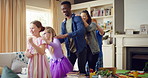 Children, laugh and dance with babysitter in house, bonding and celebration for complete assignment. Happy people, childcare and rhythm with kids on study break, success and finished homework in home