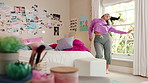 Dancing, morning and woman with music in bedroom for me time, good vibes and relax on weekend. Home, happy and person with audio, playlist and album for movement with groove, positivity and start day