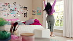 Dancing, happy and woman with music in bedroom for me time, good vibes and relax on weekend. Home, morning and person with audio, playlist and album for movement with groove, positivity and start day