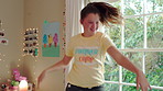 Dancing, happy and child in bedroom with rhythm, freedom or practice for performance with radio. Groove, music and girl kid moving to playlist on weekend with growth, fun and development in house.