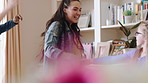 Group, dance and children with babysitter in lounge, bonding and celebration for complete assignment. Happy people, childcare and rhythm with kids on study break, laugh and finished homework in house