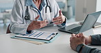 Hands, doctor and clipboard with patient in office for checkup, symptoms and medical results. Healthcare worker, person and consulting with evaluation checklist, health insurance and treatment report