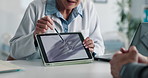 Xray, tablet and doctor with patient for advice, support and medical diagnosis in hospital. Digital, screen and radiologist woman with client for analysis of bone, injury or healthcare in radiology