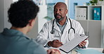 Doctor, patient and discussion with clipboard, wellness survey and health insurance form in office. Healthcare worker, people and conversation with checklist, medical aid info or policy registration.