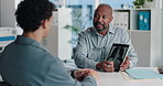 Tablet screen, xray and doctor with patient in office at hospital for treatment plan, healthcare or explaining. Technology, consultation and medical worker with person for radiology scan in clinic.