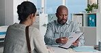Doctor, patient and conversation with clipboard, wellness survey or health insurance form in office. Healthcare worker, people and discussion with checklist, medical aid advice or policy registration