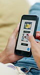 Scroll, phone screen and hands of people with website for information, search and online shopping. Menu, home and person on smartphone for internet, digital catalog and connection for ecommerce