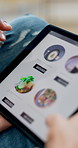 Hands, tablet and online shopping for fast food in home with screen, scroll or choice in living room. People, tech and ui display with e commerce, order and digital menu for meal with app at house