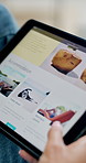 Hands, couple and tablet in home for vacation, planning or search for accommodation on web. People, tech and scroll on ui, display or website for travel booking, tourism or holiday with app at house