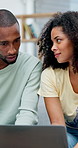 Talking, laptop and couple with documents for finance, online banking or expenses for bills. Home, happy and African man and woman on computer for financial review, mortgage and paperwork for payment