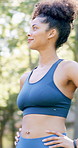 Woman, smile and thinking with fitness at park in summer, break and rest with inspiration in morning. Person, runner and outdoor with perspective, reflection and happy with exercise for wellness