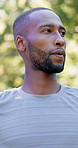 Black man, breathe and thinking with fitness at park in summer, break and rest with inspiration in morning. Person, runner and outdoor for perspective, reflection or happy with exercise for wellness