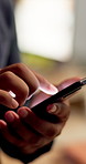 Man, hands and typing with phone for social media update, research and browsing for online article. Person, scroll and download mobile app with tech, text message response or website for digital news
