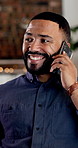 Happy, man and talk in office with phone call, feedback and planning for digital marketing at night. Late, bokeh and person in business with tech, contact and conversation for advertising campaign.