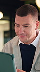 Man, tablet and typing with smile at office for report, notes or notification at night in insurance company. Person, broker or advisor with tech, app and happy with feedback at risk management agency