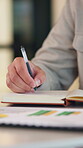 Hands, notebook and person writing for business planning, agenda or financial report with stats. Accountant, notes and bookkeeping with to do list, tasks or data analytics for audit or summary