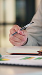 Businessman, hand and thinking in office with notebook, productivity data or goal setting for KPI. Person, performance analysis and contemplating with diary notes, graphs or stats for time management