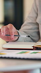 Man, hand and thinking in office with notebook, business productivity data or goal setting for KPI. Person, performance analysis or contemplating with diary notes, graphs or stats for time management
